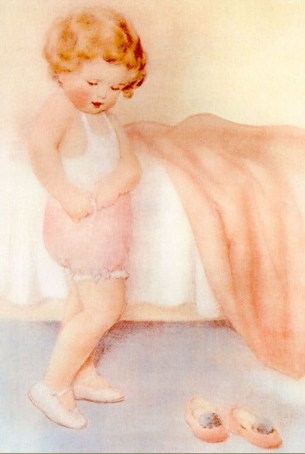 Bessie Pease Gutmann print of a little girl dressing herself, frame removed
